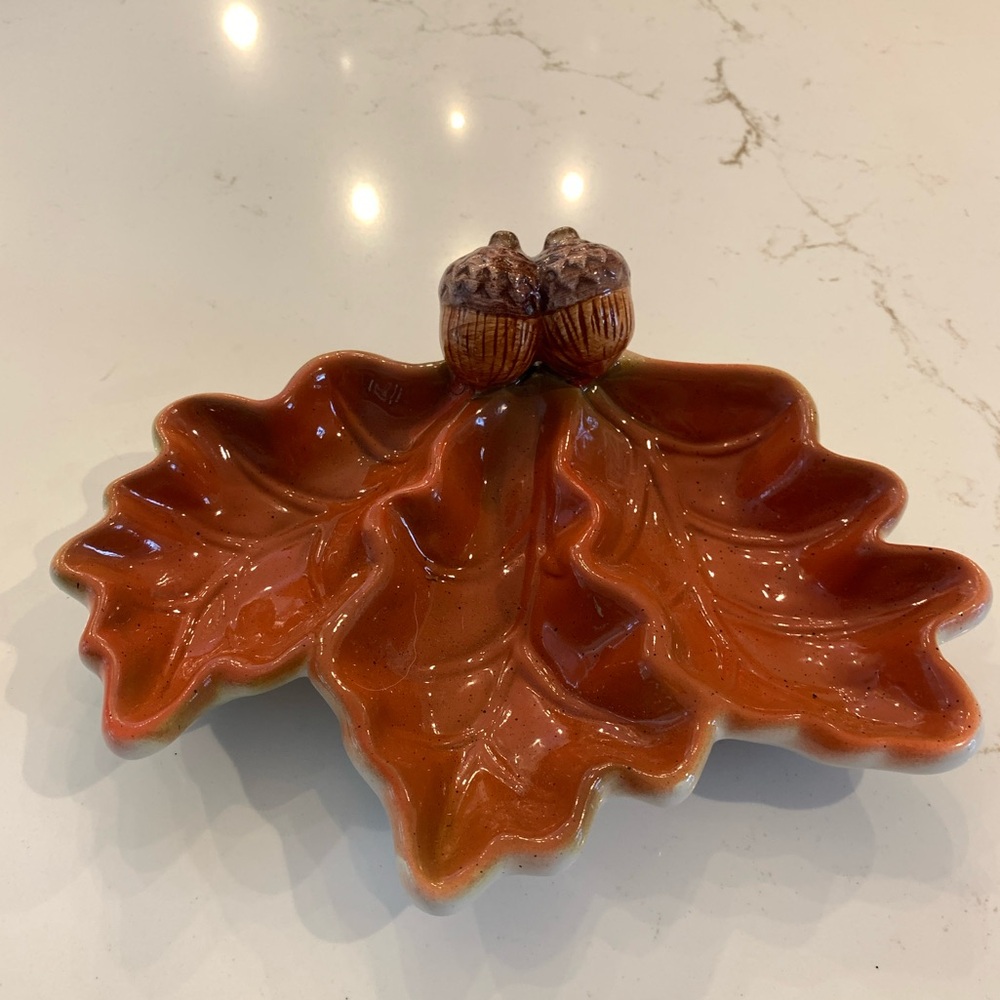Oak Leaf Mini  Three Compartment Trinket Dish with Acorn Accents 8” x 5”.